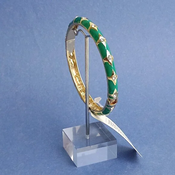 Quadruple Star Pattern Emerald Green Enamel Hinge Bangle Skinny Bracelet - Picture 4 of 5